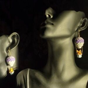 Purple and Gold Cartoon Fox Hot Air Balloon Earrings